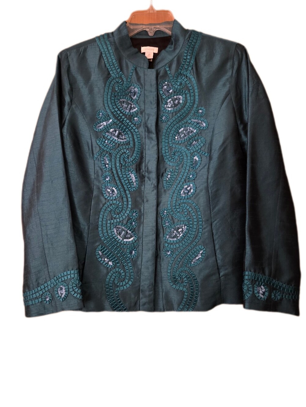 Chico's Turquoise Jacket/Blazer Embrodiered Sequins Party Festive Size Large